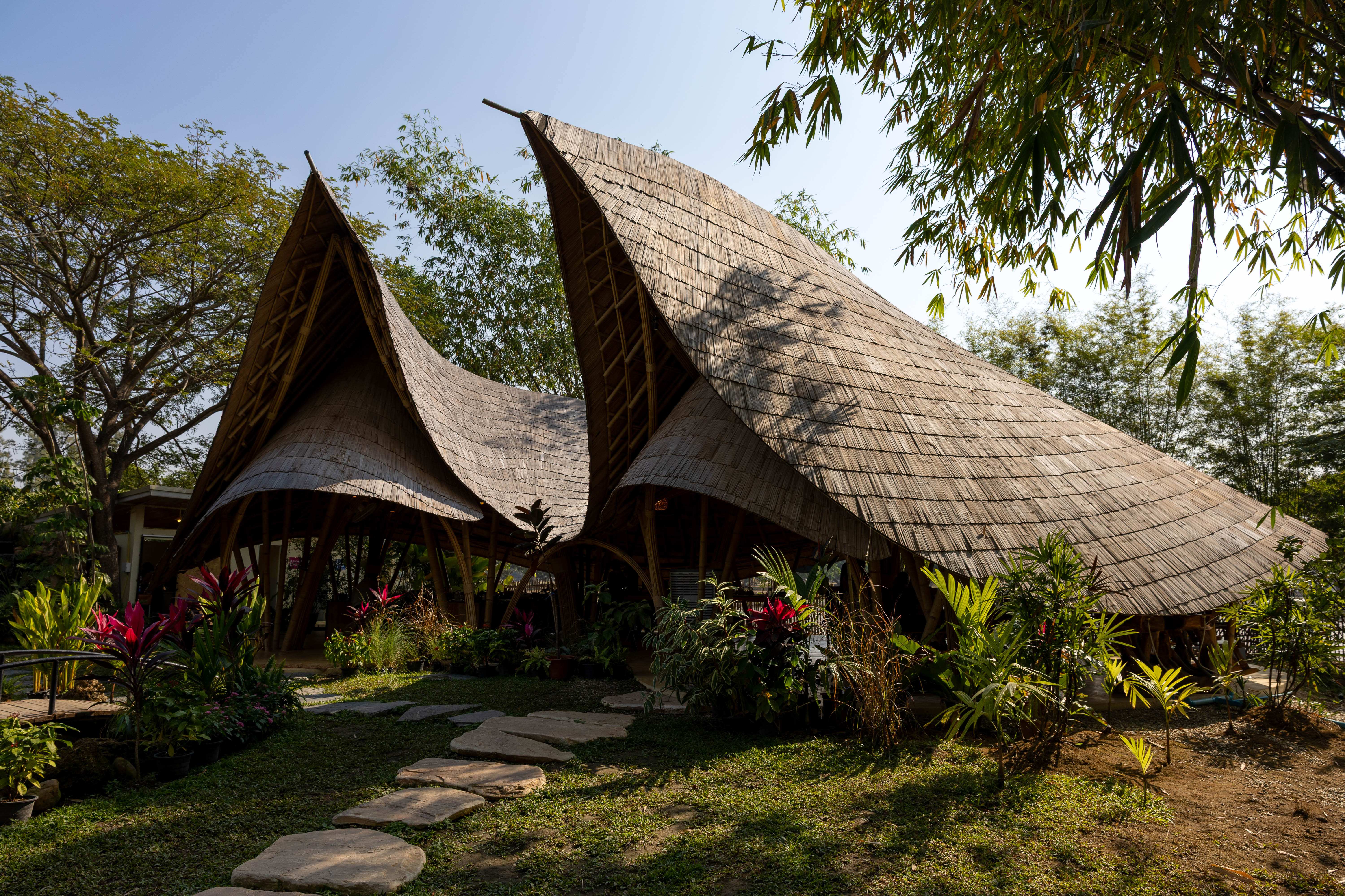 Traditional bamboo building with soaring, curved thatched roofs surrounded by lush tropical plants at Zabb E Lee Cooking School in Chiang Mai, Thailand, showcasing sustainable Thai architecture in a serene garden setting.