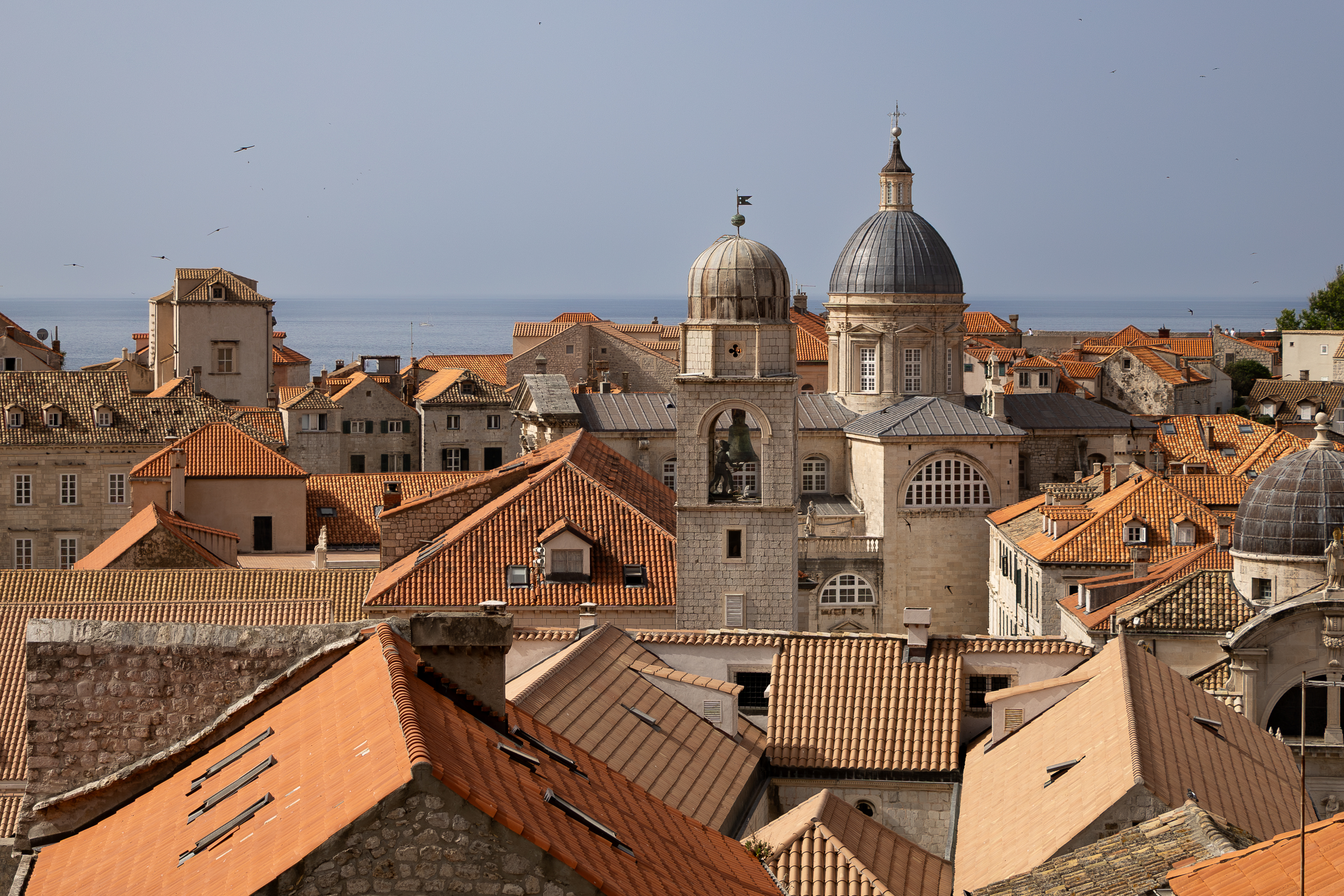 Panoramic view of Dubrovnik’s Old Town rooftops with terracotta tiles, historic bell towers, and domed churches overlooking the Adriatic Sea under a clear sky.