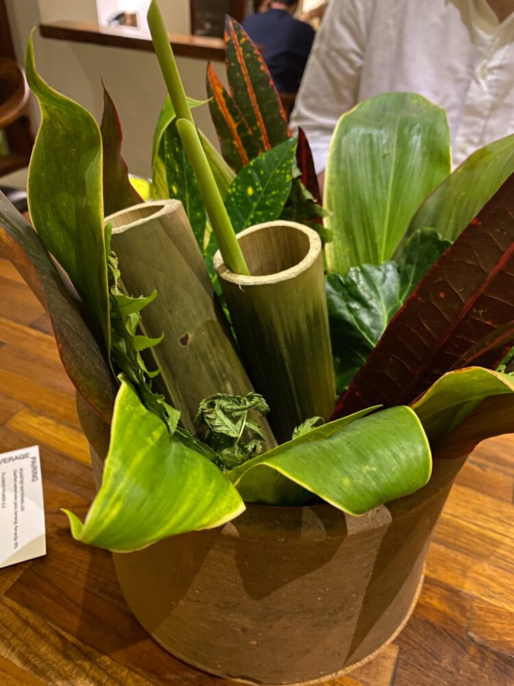 Creative presentation at Locavore Bali featuring a nature-inspired dish served in bamboo, complete with edible ants and a honey-dipped stick.