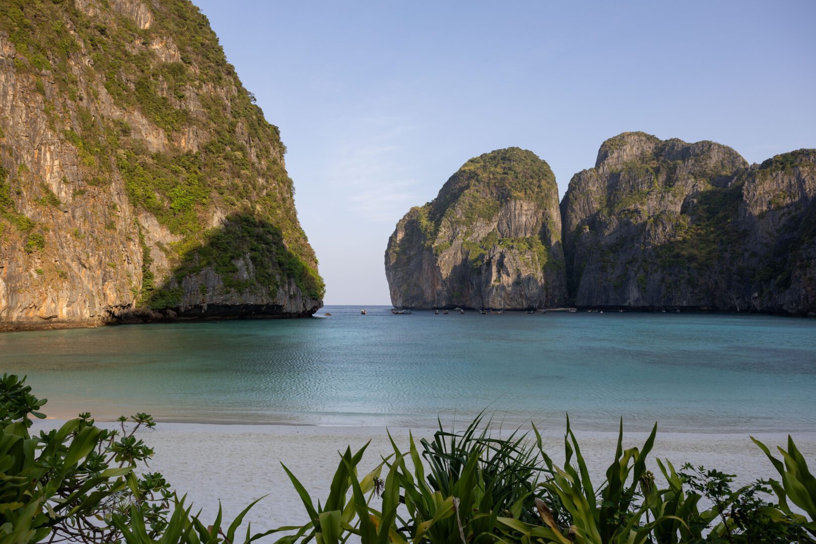 Iconic view of Maya Bay on Koh Phi Phi, with crystal-clear water, soft white sand, and towering cliffs bathed in morning light.