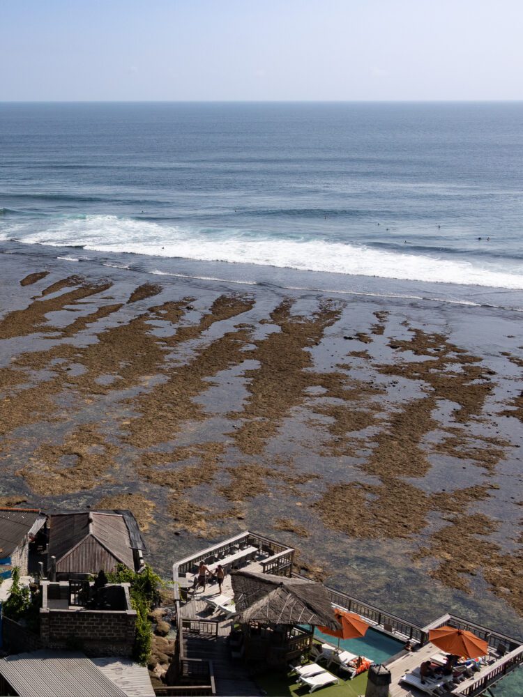 Aerial view of the rocky shoreline and surf breaks below Single Fin Uluwatu, a popular clifftop bar in Bali.