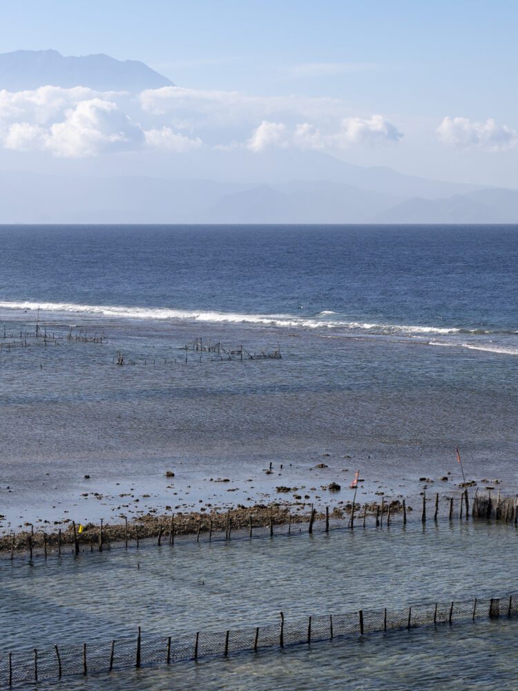 Tranquil seaweed farming plots stretch across the shallow waters off Nusa Penida, with distant views of Mount Agung.