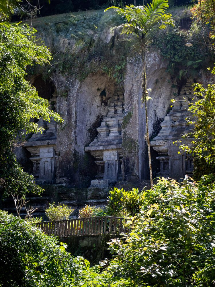 Ancient shrines carved into the cliffs at Pura Gunung Kawi, surrounded by dense tropical forest in central Bali.