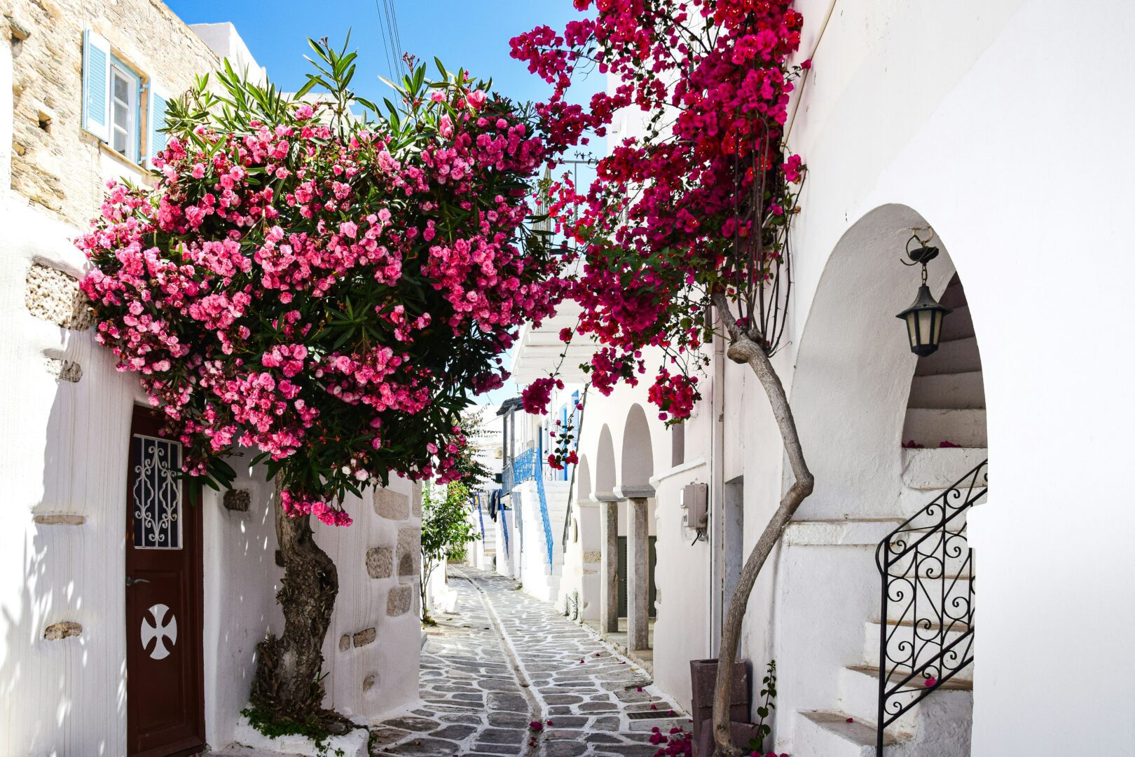 Charming alleyway in Lefkes Paros with blooming bougainvillea and Cycladic-style houses with whitewashed walls.
