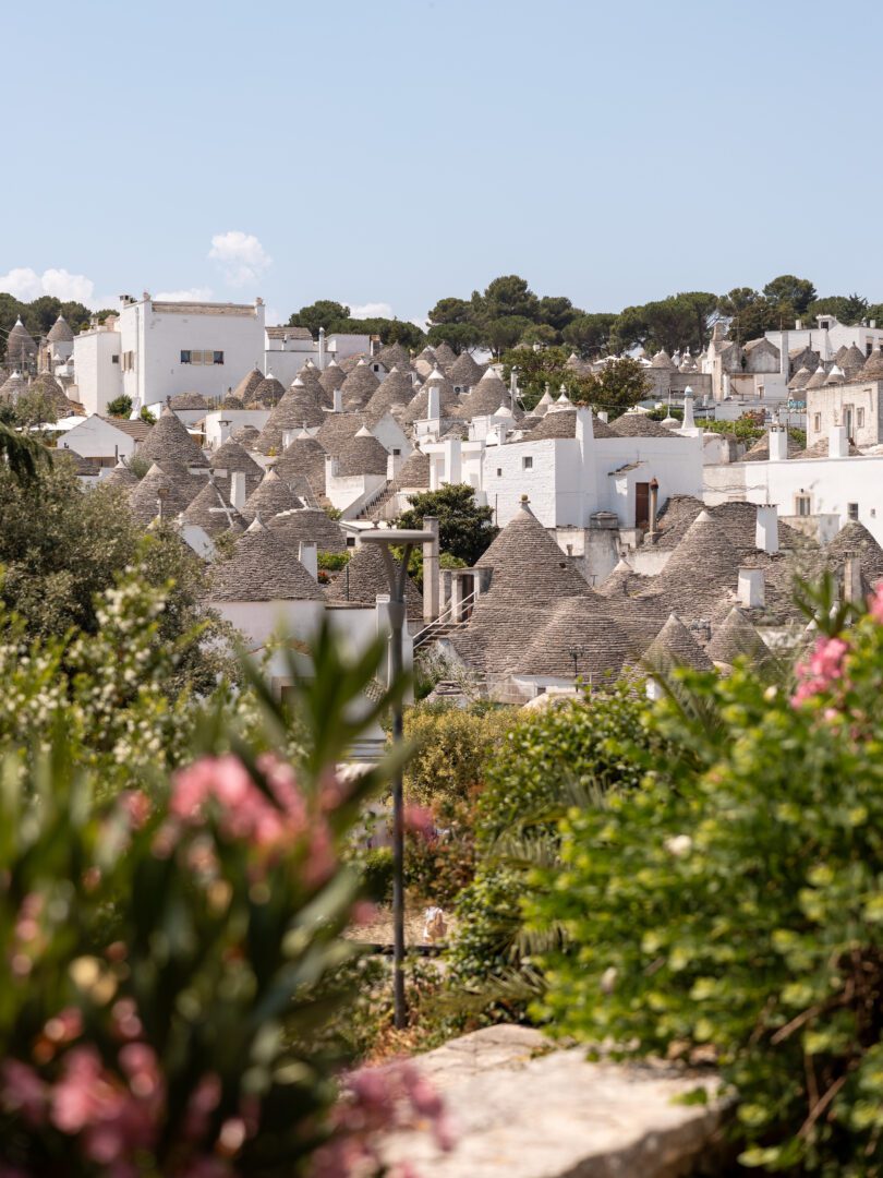 Panoramic view of Alberobello’s iconic trulli rooftops framed by blooming flowers in Puglia, Italy.