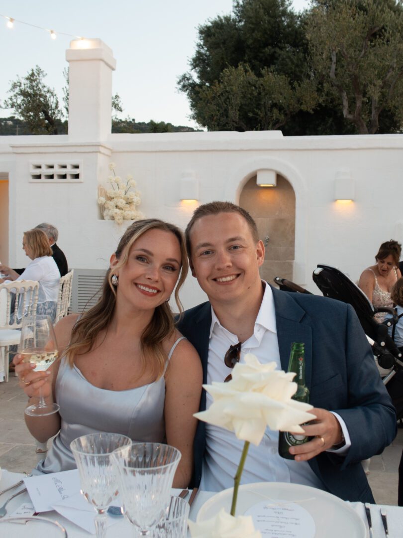Couple enjoying the wedding reception at Masseria Borgo Ritella, a romantic venue in Puglia, Italy.