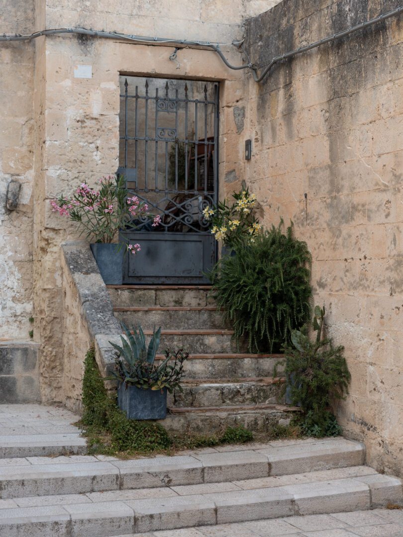 Weathered stone steps and iron gate surrounded by lush potted plants on a quiet street in Matera, Italy.