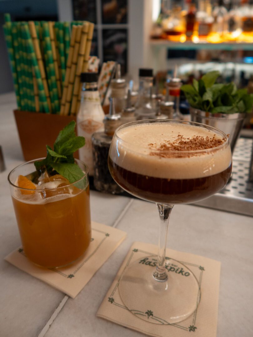 Espresso martini and mai tai cocktails served at Hassapiko Bar in Oia, Santorini.